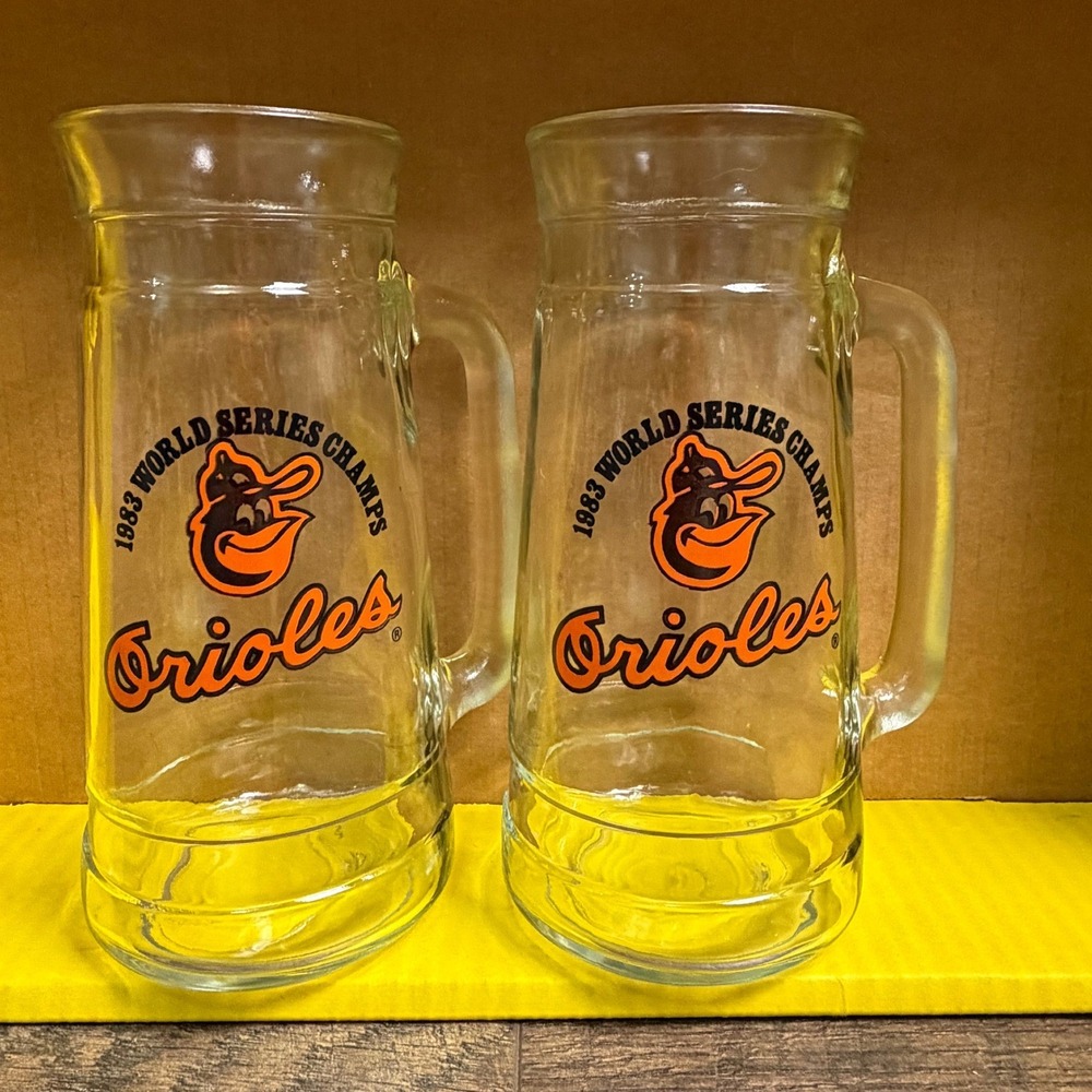 Vintage Baltimore Orioles‎ 1983 World Series Champs Glass Beer Mugs Set of 2 7in